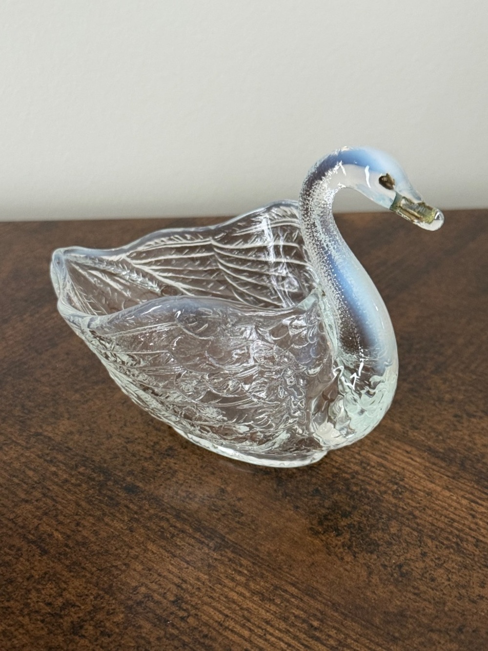 Vintage Clear & Opalescent Pressed Glass Swan Trinket Dish possibly early Fenton